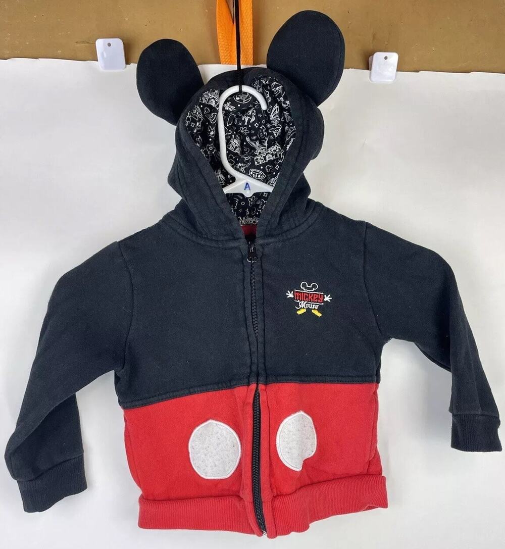 Disney Parks Mickey Mouse Hoodie Ears Size 2T Toddler Kid Red White Black Zip Up